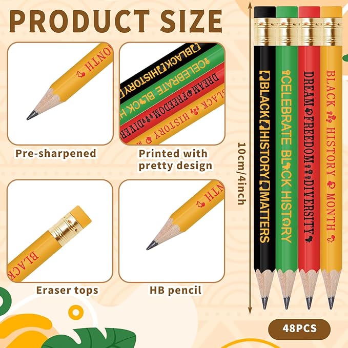 JarThenaAMCS Black History Month Pencil with Eraser 48 Pcs Writing Short Pencil 4 In Black Yellow Red Green Juneteenth African Wood Half Pencils for Classroom Office Stationery Gift