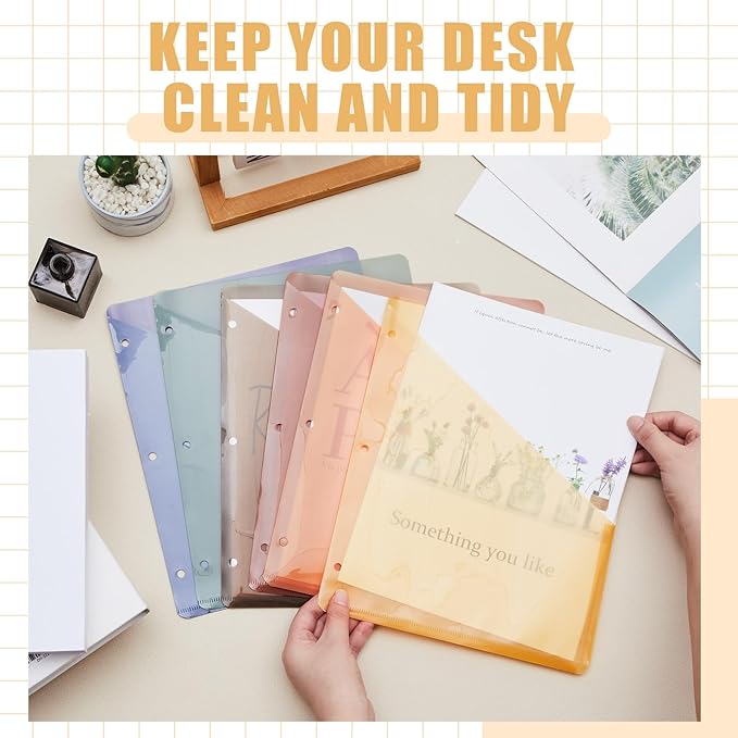 Maitys 30 Pack Binder Pockets 3 Hole Punch Clear Plastic Document Folders Binder Organizer Store Letter Size 8.5x11 Inch Paper Folders with Pockets Slash File Jacket for Office (Simple Color)