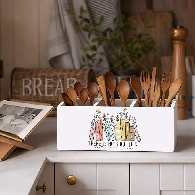 Books & Flowers Pen Holder, Inch Desk Organizer, “There Is No Such Thing as Too Many Books” Colorful Desk Storage for Pens, Pencils, Scissors – Teacher, Student, Book Lover Gift