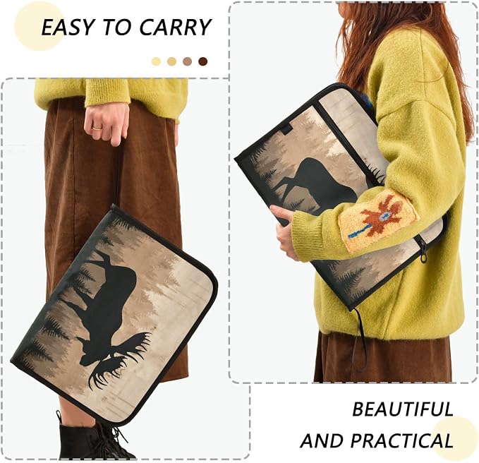 Moose Brown Wood Accordion File Organizer Expanding Document Folder with 13 Pockets Portable File Folder for A4 Letter Size