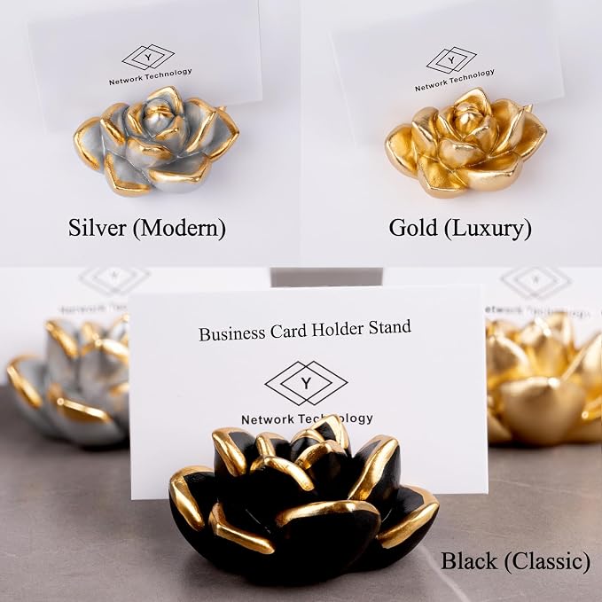 Resin Succulent Business Card Holder - Gold, Silver, Black Set of 3 - Modern Desk Organizer and Card Display Stand for Office & Home - Vertical Name Card Holders - Handmade Unique Gift & Desk Decor