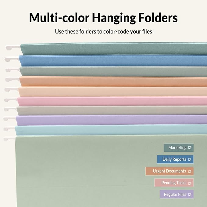 SUNEE Hanging File Folders, 50 Pack Letter Size Hanging File Folders with 1/5-cut Tabs, Stay Organized for Your Home and Office Bulk File, Documents and Paper, 10 Pastel Colors