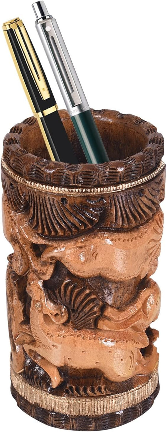 Craft Trade Hand Carved Wood Pen Holder for Desk Organizer for Home School Office Supplies Pencil Cup Pot Storage Box Suitable for Stationery - Wooden