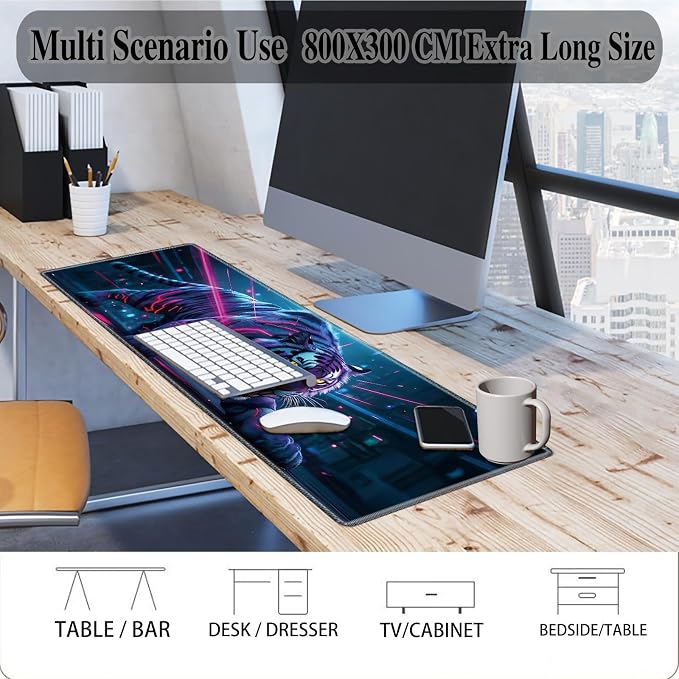 Mouse Pad Gaming Mousepad 31.5x11.8 Inch XXL Large + Coasters,Desk Mat with Stitched Edges, Non-Slip Rubber Base, Thick Mouse Pad for Computer, Laptop, Office & Home - Tiger