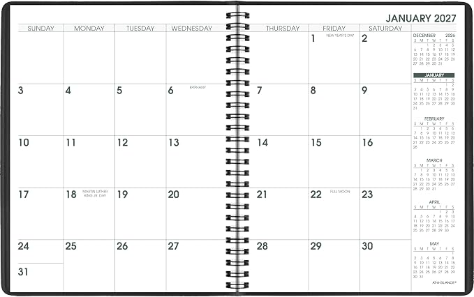 AT-A-GLANCE 2027 Planner, Monthly, 7" x 8.75", Large Print, Unruled Daily Blocks, Black (70LP090527)