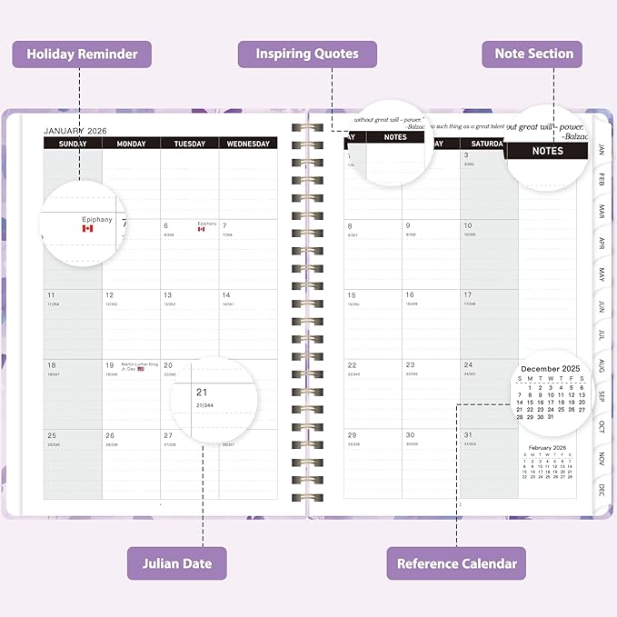 2026 Planner, Weekly and Monthly Calendar Planner, Academic Daily Agenda (Jan 2026 - Dec 2026), Hardcover Planning Notebook for Office Accessories and School Supplies, Purple Butterflies