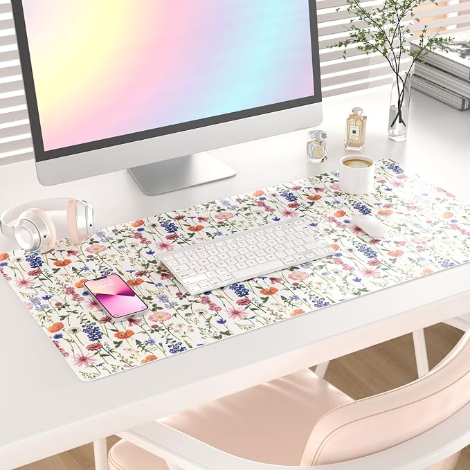 Colorful Star Large Mouse Pad, Watercolor Floral Desk Mat Office Supplies, Waterproof Faux Leather Big Gaming Mousepad for Women Girls, Flowers Desk Pad Home Office Décor Accessories 31.5" x 15.7"