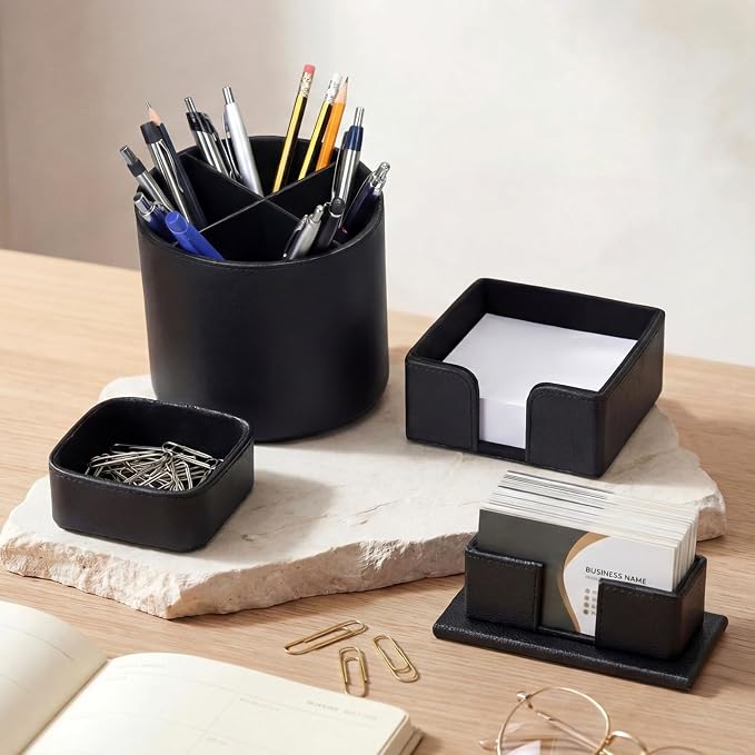 4 Pcs Rotating Leather Pen Holder Organizer Office Desk Accessories Set with Business Card Sticky Note Holder Paperclip Storage Desktop Storage Supply for Teacher Back to School Gift (Black)