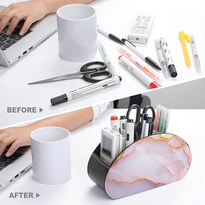 Marble Surface with Pale Pink Veins Flowing Remote Control Holder with 5 Compartments Leather TV Remote Caddy Remote Storage Box Desktop Organizer for Pen/TV Remotes/Media Controllers/Office Supplies