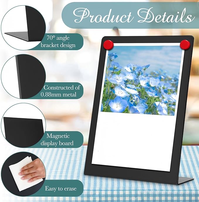 Fainne 8 Pcs Magnetic Bulletin Board with Easel Stand Mini Magnet Metal Tabletop Memo Display Board for Back to School Menu Table Office Supplies (Black,6 x 8 Inches)