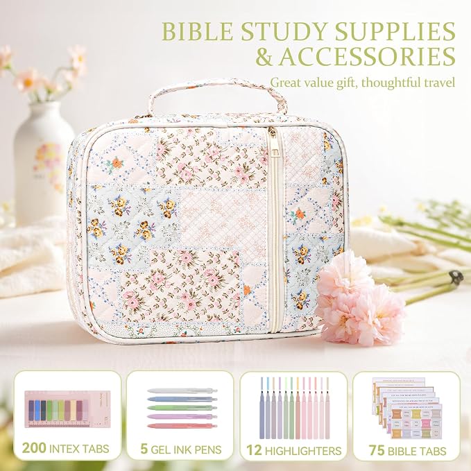 Bible Cover Case for Women Large Quilted Bible Carrying Bag with Handles Bible Study Supplies & Accessories Christian Gifts for Women(Spliced Flower, M)