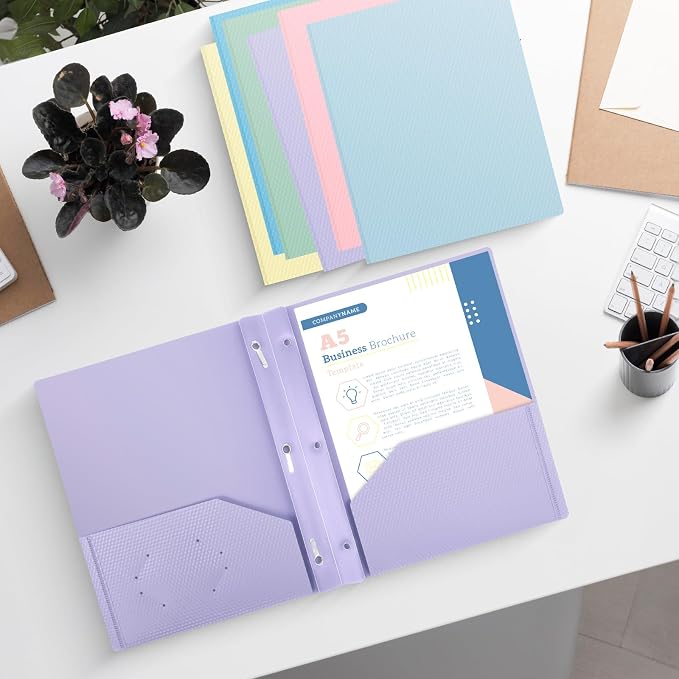 60-Pack Plastic andPockets and Prongs,2-Pocket and3 Fasteners, Pastel Folders Holds 8-1/2" x 11" Paper for School/Office/Home, Purple
