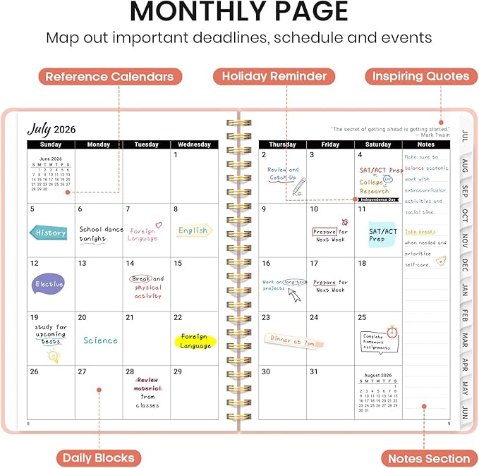 Planner 2026-2027 for Women & Men, Academic Monthly and Weekly Calendar Planner, Jul 2026 - Jun 2027, A4 (8.5" x 11"), Teacher Student Planning Book with Tabs, Ideal for Office School Supplies - Pink