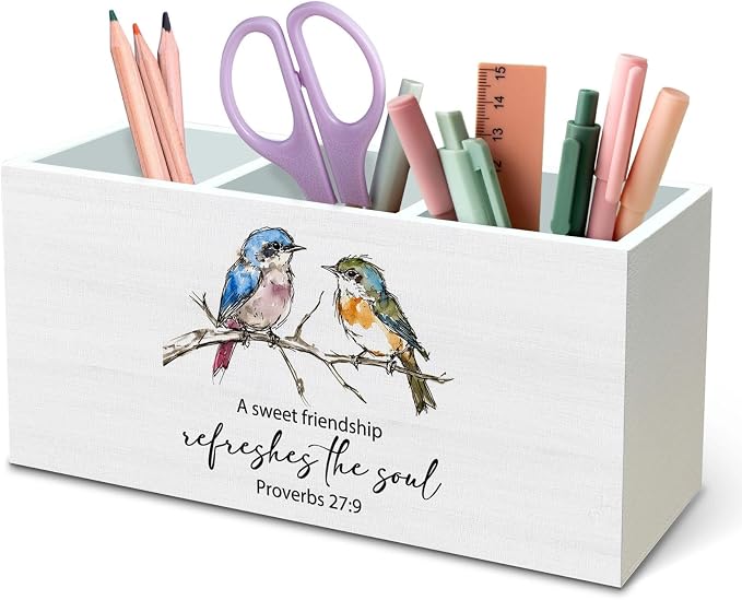 DILSJ Christian Bird Pen Pencil Holder Organizer for Desk, Christian Friendship Gifts for Women, A Sweet Friendship Refreshes the Soul Wooden Box Signs for Home Office Desk Decoration Supplies