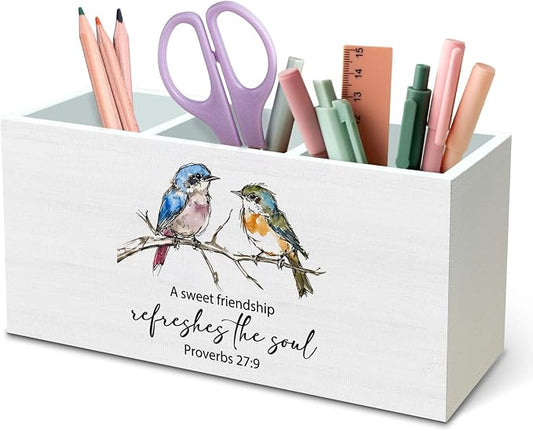 DILSJ Christian Bird Pen Pencil Holder Organizer for Desk, Christian Friendship Gifts for Women, A Sweet Friendship Refreshes the Soul Wooden Box Signs for Home Office Desk Decoration Supplies