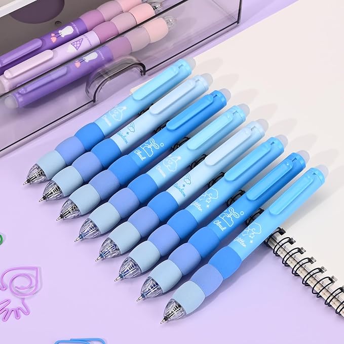 Temiary 18Pcs Aesthetic Retractable Erasable Gel Pens, Make Mistakes Disappear, 8 Pens & 10 Refills, Cartoon Smooth Writing Pen, 0.5 mm Black & Blue Ink Pen, Office School Supplies. (Blue Theme）