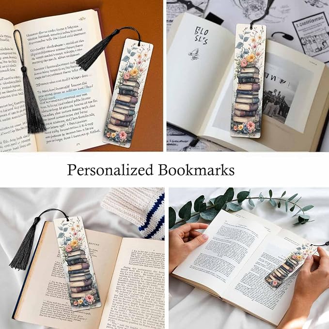 Old Books Pattern Bookmarks Set 5 with Tassels Watercolor Pink Flower Wooden Bookmarks for Reading Women Men Students Teachers School Supplies