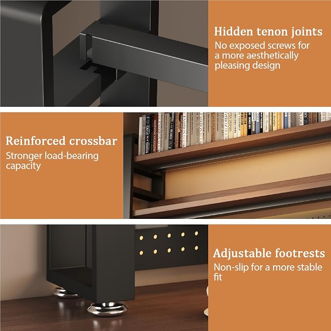 Desk Shelf Organizer for Top of Desk – Desktop Bookshelf with Pegboard & Storage Accessories, Adjustable Hutch for Dorm or Office, Steel Frame Display She Black frame + dark brown board 61*9.8*36.6in