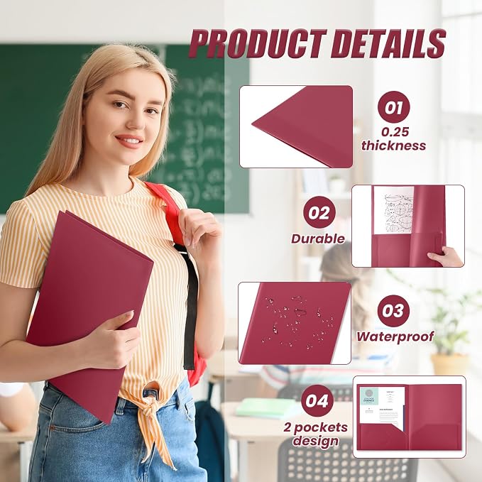 Gueevin 100 Pack Plastic Folder with Pockets, 2 Pocket Folders, Plastic Glossy Folders Fit Letter Size Paper, Heavy Duty Durable File Folder with Business Card for Home Office School (Dark Red)