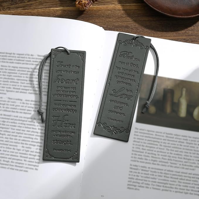 2 Pcs Leather Bible Bookmark, Christian Bookmarks Gifts for Men Book Marks for Reading Men (Dark Grey)