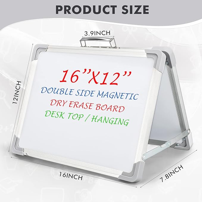 Lincia 2 Pieces Dry Erase White Board Magnetic Board 16x12 Inch Small Foldable Tabletop Whiteboard Double Sided Portable Magnetic Whiteboard for Drawing Memo to Do List Wall