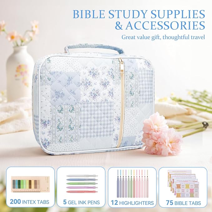 Bible Cover Case for Women Large Quilted Bible Carrying Bag with Handles Bible Study Supplies & Accessories Christian Gifts for Women(Cotton-Blue Patchwork, M)