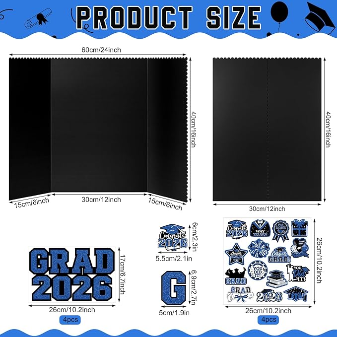 4 Set Graduation Photo Display Board, Class of 2026 Black Blue Trifold Poster Board with Grad Pattern Stickers, Graduation Photo Props Collage for Multiple Pictures Party Decorations, 16x24 Inch