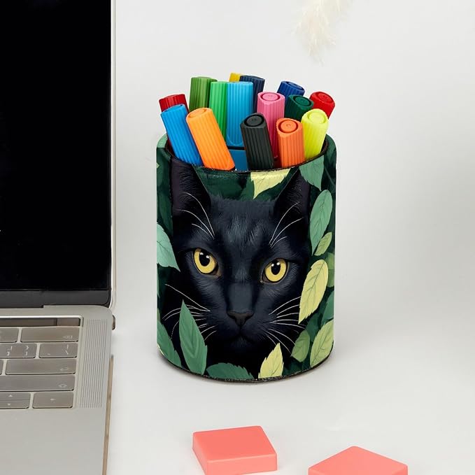Leather Pen Holder for Desk, Green Leaves Black Cat Makeup Brushes Holder Pencil Cup Multifunctional Desktop Organizer Caddy for Home School Office Desk Accessories