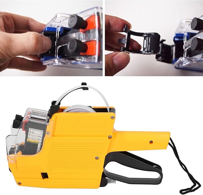 Price Tag Gun, 10 Digits 2 Lines Labeler Marker Attacher Tool for Office Retail Store 2 Row Price Tag Gun Kit with Label Stickers and Ink Rolls (Yellow)