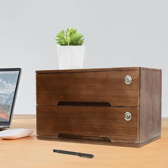 Wooden Desktop Storage Box, 2-Tier Countertop Desk Accessories Box with Lockable Drawers, Office Supplies File Organizer, Flat File Cabinet for Office, Study, Dresser, Kitchen (Walnut)