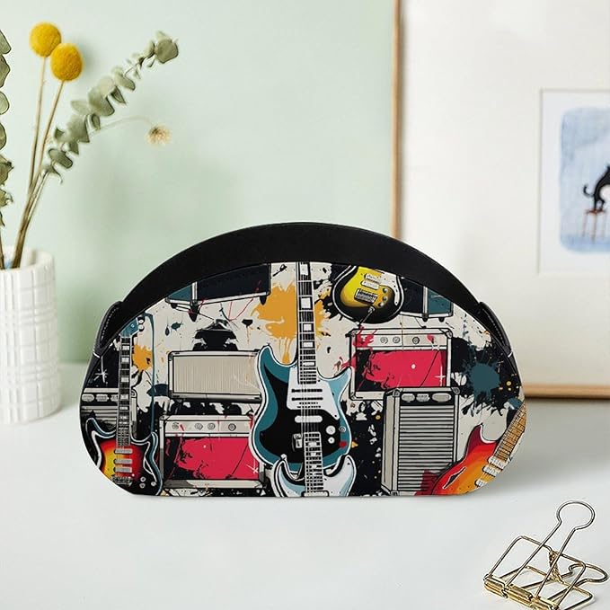 Rock Music Pattern Remote Control Organizer PU Leather Storage 5 Compartment Controller Holder Multi-functional Brush Organizer Box Office Supplies Caddy for Bedside