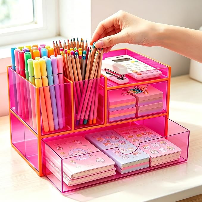 Desk Organizer with Drawers Acrylic Desktop Organizer Pen Holder Caddy for Office Supplies Makeup Organizer for Vanity, Neon Pink
