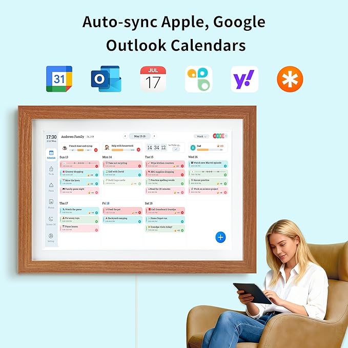 Digital Calendar & Smart Chore Chart, 10.1'' Touchscreen Family Organizer with Multi-Calendar Sync, Reward System, Photo Frame Mode, Desk or Wall Mount, Teak, No Subscription