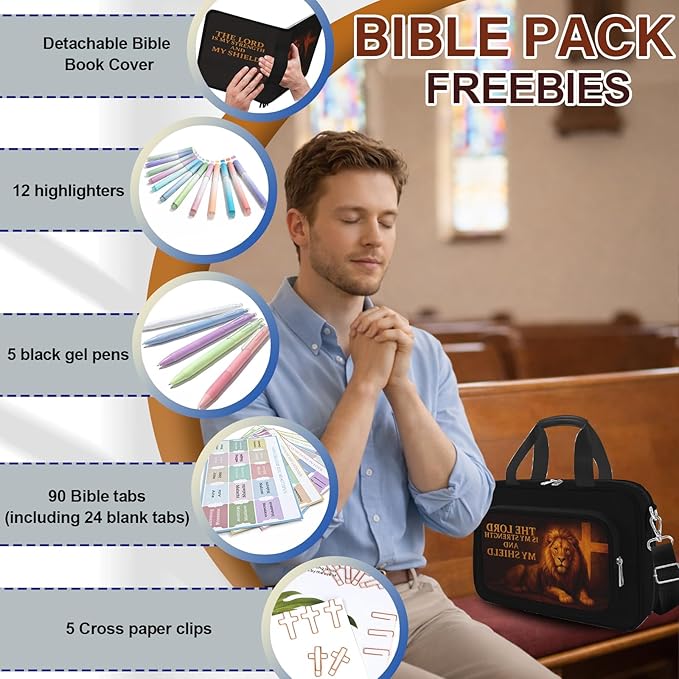 2-in-1 Lion Bible Bag for Men with Removable Bible Cover, Bible Cover with Journaling Kit & Shoulder Strap, Highlighters and Cross Clips for Bible Study & Church, Christian Gift for Men