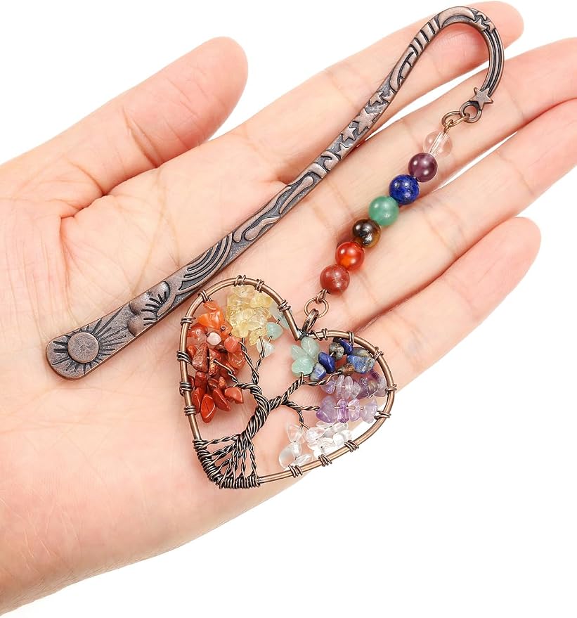 Jovivi 7 Chakra Crystal Bookmark,Antique Copper Metal Bookmark,Handmade Vintage Healing Crystals Heart Tree Life Tumbled Gemstone Pendant Bookmarks Gifts for Women Men Book Lovers