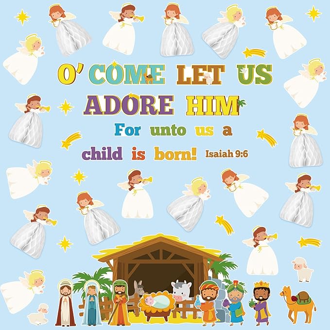 Zhanmai Christmas 3D Bulletin Board Set Paper Cutouts with String Lights Holiday Wall Bulletin Board Decorations for Home Office Holiday Party Supplies(Nativity)