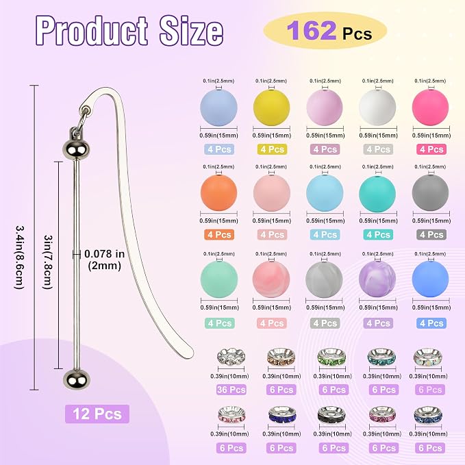 Sandure 162pcs DIY Beadable Metal Bookmarks Craft Kit with 12 Bookmarks 150 Beads Bookmark Making Kit for Adults Teachers Student Creative Gift for Readers Birthday Office Supplies