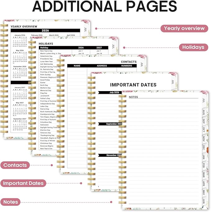Planner 2026-2027, Academic Year Monthly and Weekly Calendar Planner, Jul 2026 - Jun 2027, Hardcover Teacher Student Planning Agenda book with Tabs, Perfect for School Office Supplies, 8.5" x 11" - Wildflowers