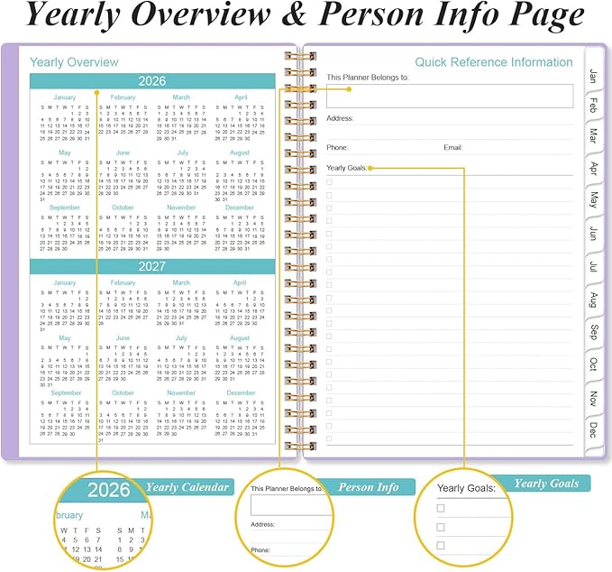 2026 Planner - Weekly and Monthly Calendar Planner from Jan 2026 - Dec 2026, Planner 2026 Spiral Bound with 12 Monthly Tabs, Inner Pocket, Perfect for School Office Supplies, 6.4" x 8.5", Purple