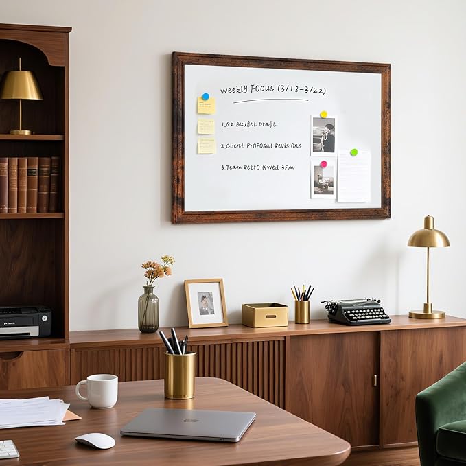 Large White Board for Wall, 36''x24'' Magnetic Dry Erase Board, Decorative Whiteboard with Brown Vintage Wooden Frame, Hanging Writing Board for Home Office School Dorm
