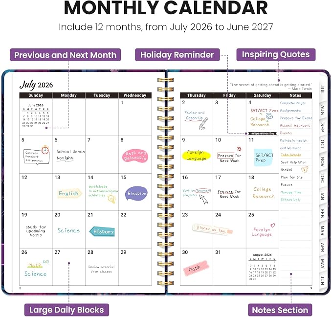 Planner 2026–2027, Academic Planner Weekly and Monthly Calendar Jul 2026 – Jun 2027 Hardcover Planner with Tabs and Pocket, Spiral Bound Agenda Book for Student & Teacher, 6.3" x 8.5", Ocean Glow
