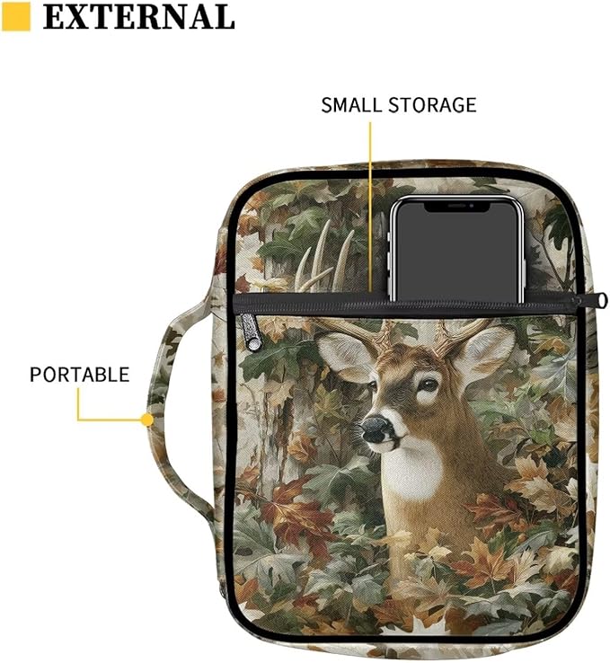 Suobstales Deer Hunting Camo Print Bible Covers for Women Men Lightweight Bible Bag Bible Accessories with Handle and Zippered Pocket Bible Tote Bag for Kids