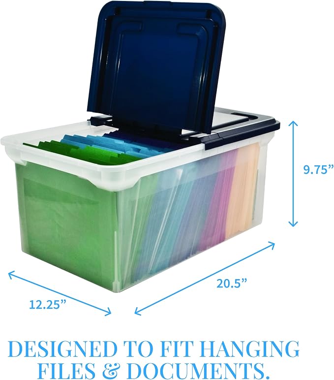 Innovative Storage Designs 55797 File Tote with Hinged Lid, Letter, Plastic, Clear/Navy