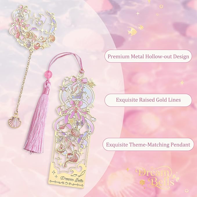 2 Pcs Metal Bookmark Gift Box, Golden Hollow Bookmarks Ocean Painting Theme Book Mark for Women, Book Lovers Writers Readers and Teens, Perfect for Birthday and Graduation Gifts(Pink)