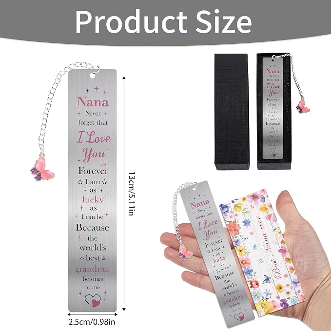 Nana Gifts Metal Bookmark and Pen Set, Nana Birthday Gift Book Mark with Butterfly Pendant, Page Marker Clip Reading Gift for Grandmother Mothers Day Retirement Grandma Gifts