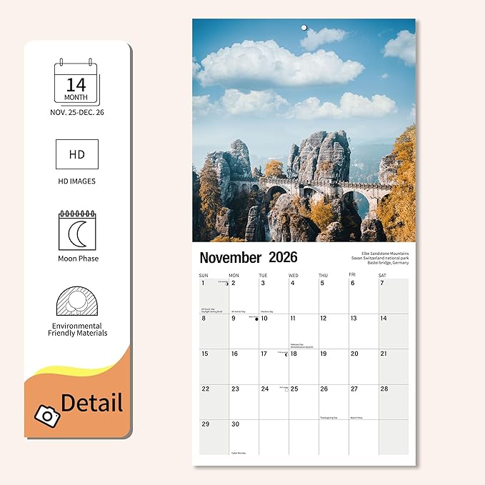 Wall Calendar 2026 Planner Calendar - National Park Hangable Monthly Wall Calendar with Large Blocks for Organizing & Planning, Academic Schedule, Home, Office & family, Thick & Sturdy Paper (12"x24" Open)