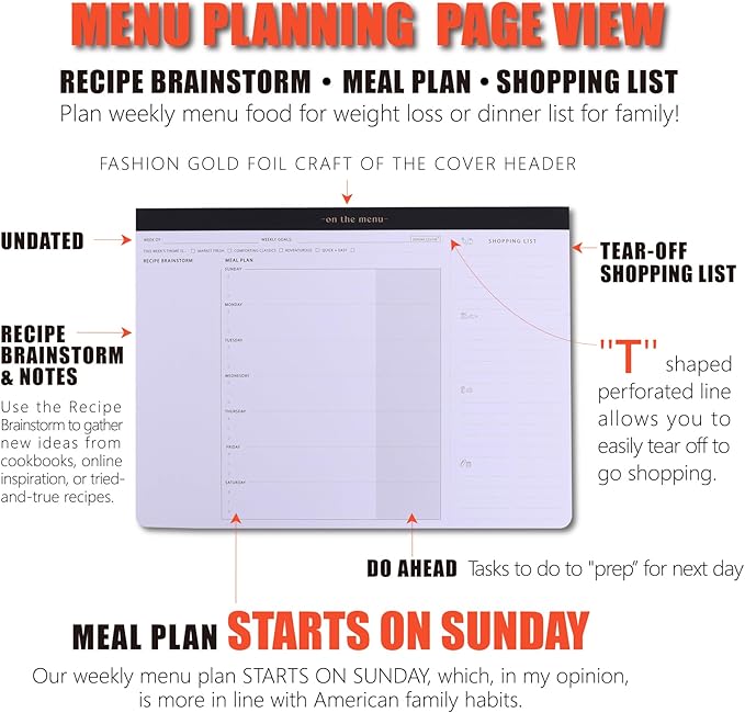 Weekly Meal Planner with Recipes and Grocery List Magnetic Notepad For Fridge - 8.5x11'' Menu Planning Pad With 54 Sheets Tear Off Shopping List For Family Dinner Menu and Meal Prep Planning