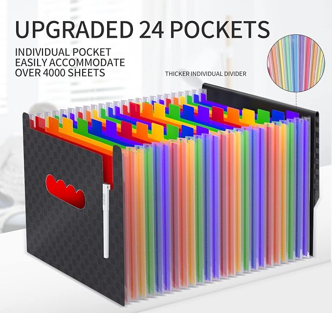 Expanding File Folders Accordion File Organizer with 24 Pockets,Accordian Document Folder Letter Size,Expandable Filing Box,Bill,Receipt and Paper Organizer Storage Boxes,Light-Duty,Portable Perfect