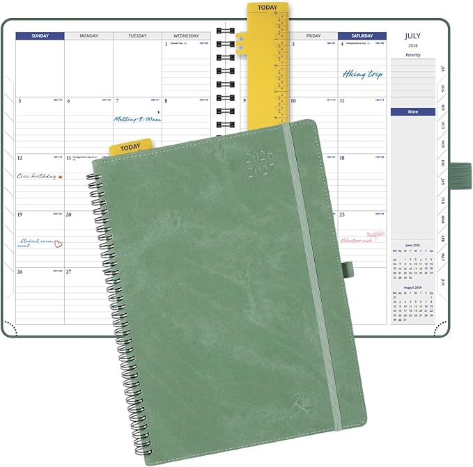 POPRUN 2026-2027 Monthly Planner, Large Size 8.25" x 11.75", Agenda Calendar from April 2026 to July 2027, Appointment Book with Leather Soft Cover, Spiral Bound, Monthly Tabs, Notes Pages - Midnight Green