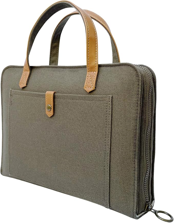 Bible Cover for Women Canvas Case with Leather Handles, Purse Style Bible Bag with Zippered Closure and Snap Pocket (Olive Green, Medium and Large Bibles)